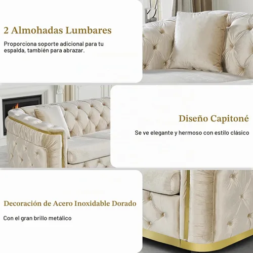 Vista 3 de Sofá Chesterfield de terciopelo de 62.5 pulgadas con respaldo copetudo y detalles dorados, beige Blanco