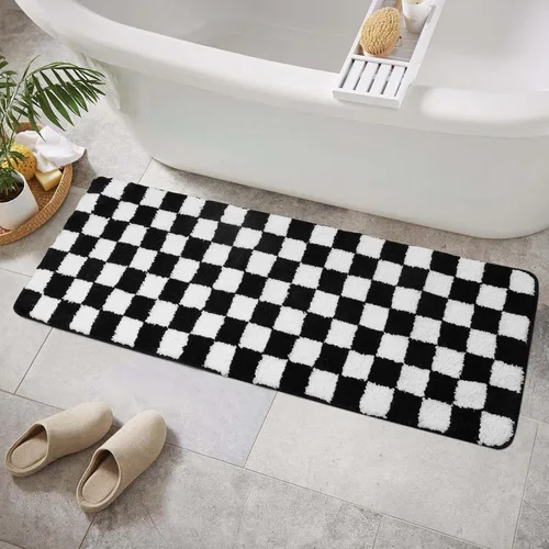 Vista 10 de Alfombras redondas a cuadros para baño, lavables a máquina, negras y blancas de 2 pies, alfombrilla de baño antideslizante y absorbente, alfombra