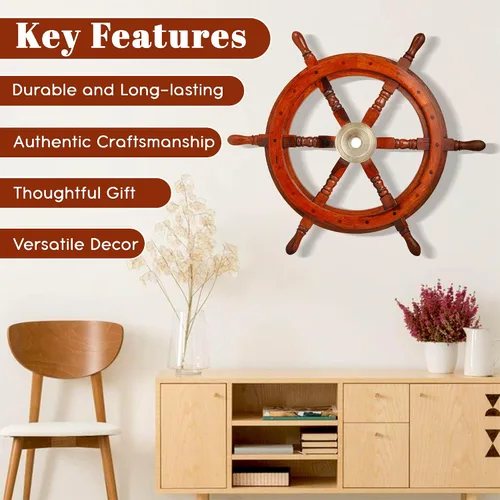 Vista 4 de Bhartiya Handicrafts Rueda de barco náutico para decoración de pared, volante de barco pirata de madera rústica con cubo de latón, rueda de capitán
