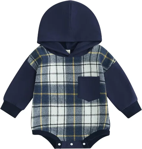 Vista 17 de Twopumpkin Sudadera con capucha a cuadros para bebé niño, mameluco de manga larga con capucha para otoño e invierno