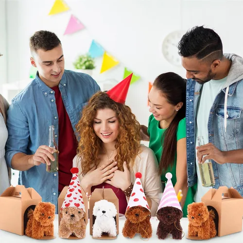 Vista 6 de Juego de 20 Mini Juguetes de Peluche Animales de Peluche Perros con Sombreros de Cumpleaños Cajas de Papel Kraft Cachorros de Peluche Pequeños