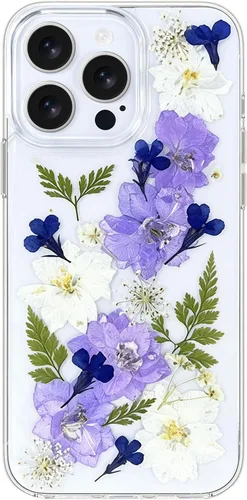 Vista 8 de Abbery Funda diseñada para iPhone 13 Pro con diseño de flores prensadas con purpurina y diseño de goma de silicona suave, diseño de flores reales