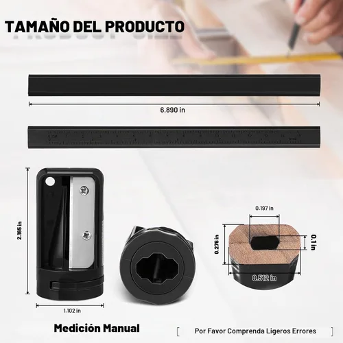 Vista 2 de Honoson 200 lápices planos de construcción con regla impresa, madera grafito, 2 sacapuntas de carpintero para herramienta de marcado de carpintería