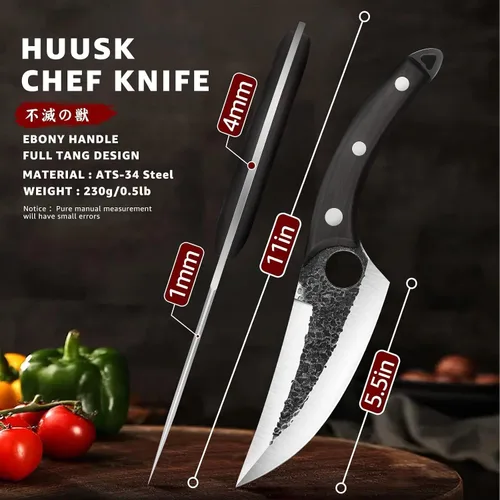 Vista 3 de Huusk Cuchillo Vikingo con Vaina Cuchillos para Deshuesar para Cortar Carne, Cuchillos Cavernícola Ultimo Forjados a Mano de Espiga Completa