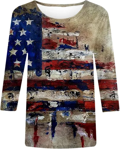 Vista 4 de Camisetas del 4 de julio para mujer 2023, casual, manga 34, cuello redondo, camisetas de verano con bandera de Estados Unidos, camiseta patriótica