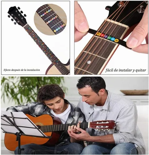 Vista 4 de Adhesivos para diapasón de guitarra Kimlong, calcomanías con código de colores para principiantes con mapa de trastes para práctica, para guitarras