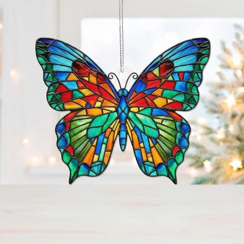 Vista 5 de Adorno de Navidad acrílico de mariposa con efecto vitral, atrapasoles colgante de ventana para familiares y amigos, decoraciones de Navidad, regalo