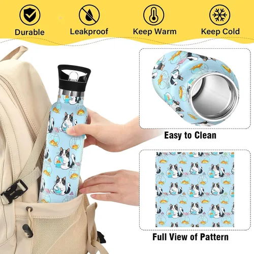 Vista 4 de Kids Water Bottle with Straw for School 20 Oz Water Bottle Insulated for Boys Girls, BPA-Free, Cute Cats Goldfish Light Blue