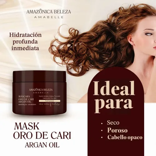 Vista 2 de AMAZONICA BELEZA Oro de Cari - Mascarilla para el cabello, hidratación intensiva para cabello seco con aceite de argán y vitamina E, línea