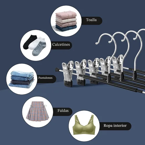 Vista 4 de Perchas para pantalones con clips, paquete de 10 perchas ajustables para falda para mujer, perchas antideslizantes para pantalones de mezclilla