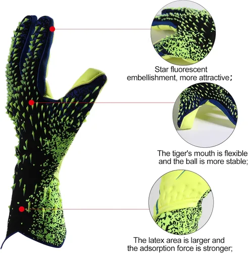 Vista 5 de Guantes de portero de fútbol, guantes de entrenamiento de portero, agarre fuerte, antideslizantes y transpirables para adultos y niños