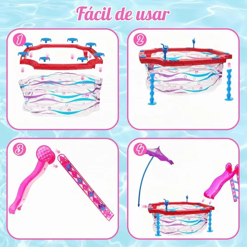 Vista 4 de Juego de 35 piezas para muñecas y piscina con chaleco salvavidas deslizante