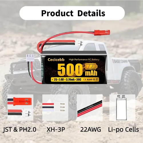 Vista 4 de Batería Lipo de 7.4 V 2S 30C 500mAh recargable RC Lipo con JST y PH2.0 enchufe para Axial SCX24 RC Car y 1/10, 1/16, 1/18, 1/24 RC Cars Vehículos