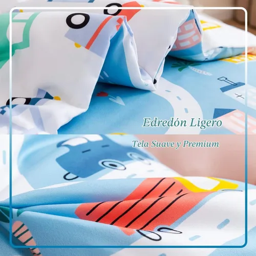 Vista 5 de PERFEMET Juego de cama de 4 piezas para niños pequeños con edredón de autos para niños, reversible, ligero, vehículos azules, juego de cama