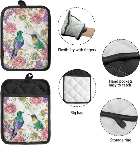 Vista 4 de Gomyblomy Hummingbirds & Flowers - Forro de sartén aislado para mujer, 2 piezas, resistente al calor, con bolsillo, protector de cocina ligero