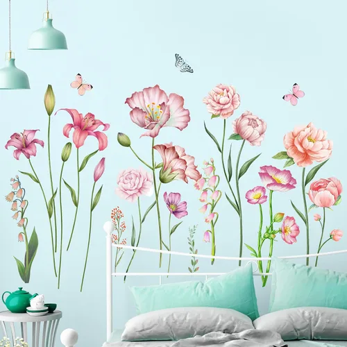 Vista 7 de Amaonm - Adhesivo de pared extraíble de flores frescas y mariposa voladora, libélula azul, rosa, lirio, amapola, peonía, floral, calcomanía de pared