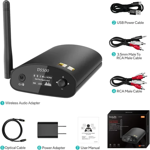 Vista 8 de 1Mii DS500 Receptor Bluetooth 5.3 de alta resolución, DAC audiófilo de 32 bits/384 kHz, LDAC sin pérdida y aptX HD, pantalla OLED, ecualizador