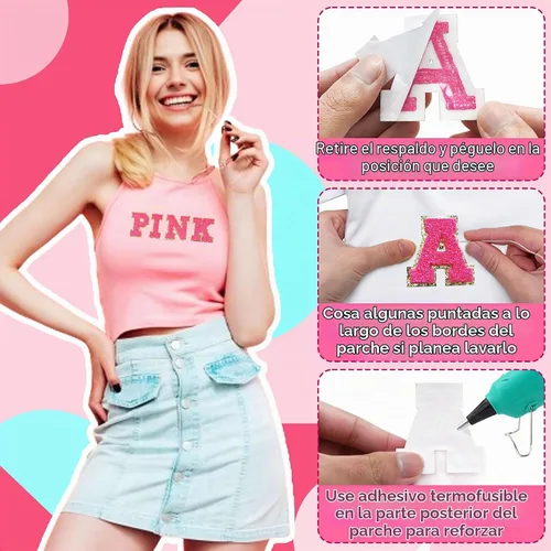 Vista 2 de 6 piezas de parches de letras de chenilla autoadhesivas con purpurina para planchar, parches de letras universitarias estilo preppy, letras difusas