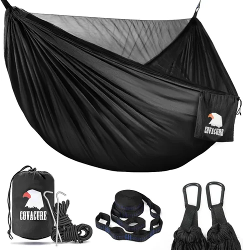 Vista 8 de COVACURE Hamaca de camping – Hamaca portátil de capacidad de 772 libras con correas de árbol, hamaca de viaje de nailon de paracaídas duradera
