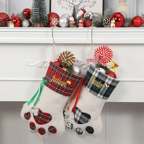 Vista 6 de 1 Pack Personalized Christmas Stockings for Kids,Custom Embroidered Name+Logo Pattern Burlap Plaid 3D Xmas Stockings 18'',Family Decoration 3d-04