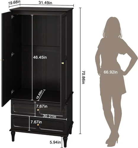 Vista 2 de HLR Armario moderno de mediados de siglo de 71 pulgadas con puertas y cajones, armario de almacenamiento de madera con barra para colgar para Negro
