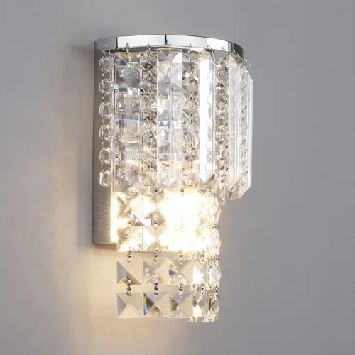 Vista 9 de Aplique de pared moderno de cristal K9 con cableado, acabado cromado, lámpara de pared con gotas de cristal acrílico para dormitorio y sala de estar