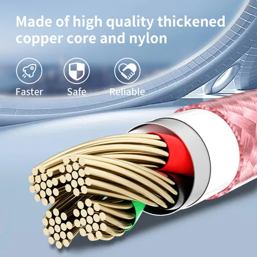 Vista 5 de Cable de carga múltiple, (paquete de 2 cables de 4 pies), cable de carga 3 en 1 para múltiples dispositivos, cable de carga universal de nailon Rosa
