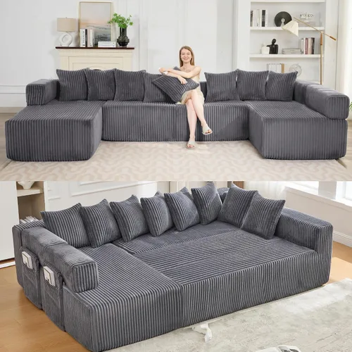 Vista 12 de Sofá grande sin hueso de 125 pulgadas con diván, moderno sofá modular con asiento profundo, sofá tapizado de pana en forma de U para sala de estar