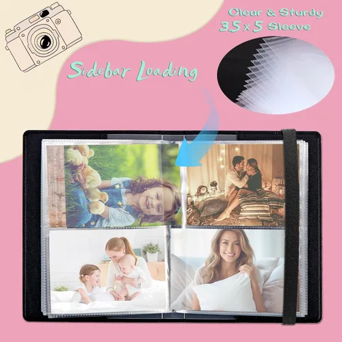 Vista 4 de Álbum de fotos de 3.5 x 5 pulgadas, capacidad para 80 fotos, cubierta de piel sintética, álbum de fotos con banda elástica fuerte, álbum de fotos