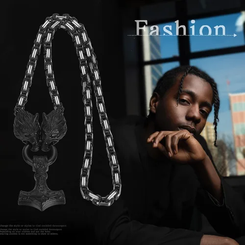 Vista 8 de OIDEA Viking Mjolnir Necklace for Men with Wolf Head King Chain, Stainless Steel Viking Amulet Thors Hammer Necklace Norse Pagan Jewelry,22 inch