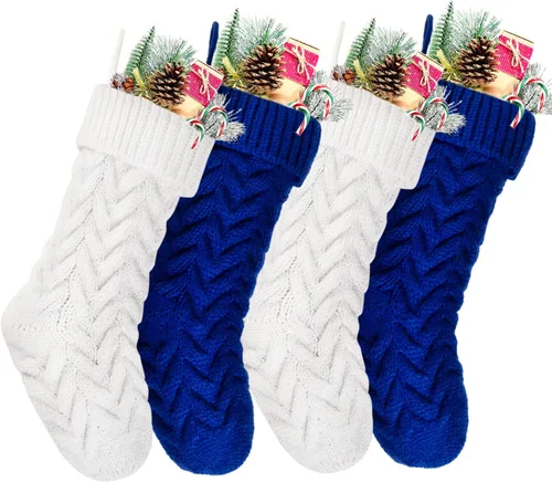 Vista 25 de Medias de Navidad, 18 pulgadas, calcetines de punto trenzado azul para decoración de Navidad, paquete de 4