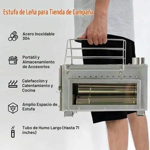 Vista 4 de Estufa de leña portátil Dandelion shell para acampar con vidrio de visualización y función de cocción, 8 chimeneas de acero inoxidable para refugio