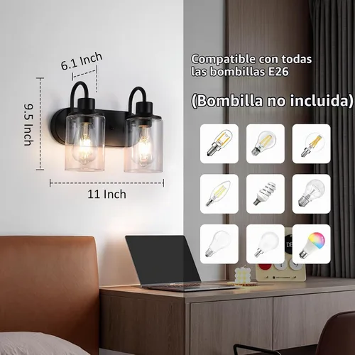 Vista 2 de Lámpara de baño negra mate sobre espejo, lámpara de tocador de baño de 2 luces con pantalla de vidrio transparente, apliques de pared modernos