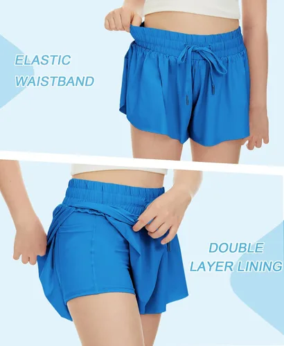 Vista 3 de Pantalones cortos fluidos de mariposa para niños con bolsillo 2 en 1, pantalones cortos deportivos para correr, entrenamiento activo