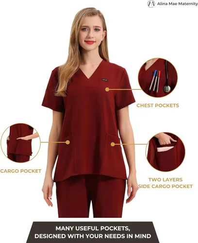 Vista 4 de Exfoliante de maternidad para mujeres embarazadas, uniforme de médico, pantalón de enfermera, con 6 bolsillos