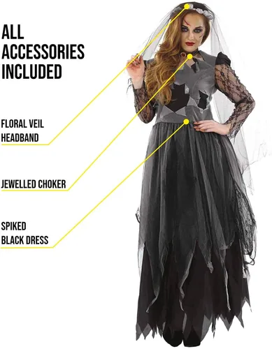 Vista 3 de fun shack Disfraz de novia de cadáver para mujer, disfraz de novia aterradora, vestido de novia zombi, disfraces de Halloween para mujer novia muerta
