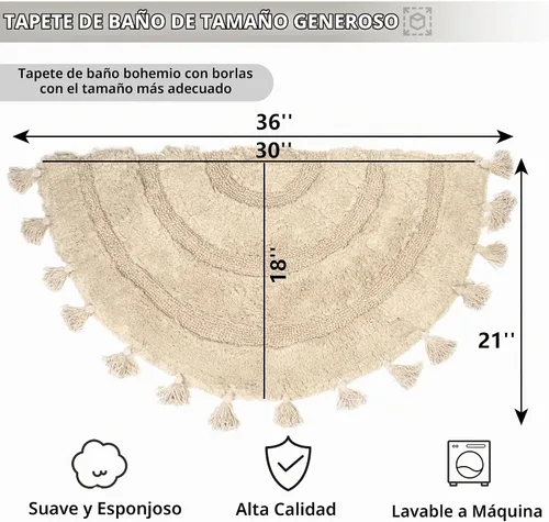 Vista 2 de KOEXM - Alfombra de baño de medio círculo con borlas, 100% algodón Alfombras de baño tejidas a mano, antideslizantes, absorbentes, lavables a