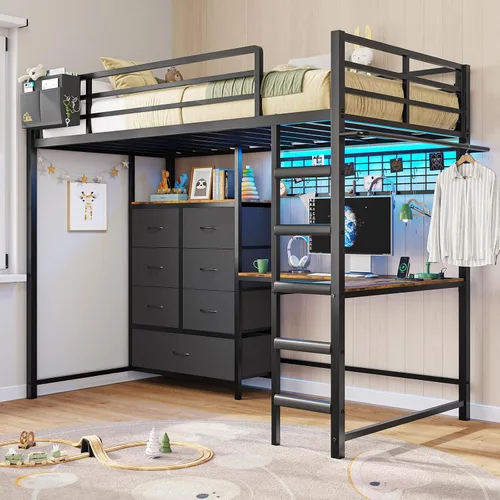 Vista 8 de DICTAC Cama alta individual con escritorio en forma de L y 7 cajones de almacenamiento, cama alta de metal tamaño individual para niños con luces