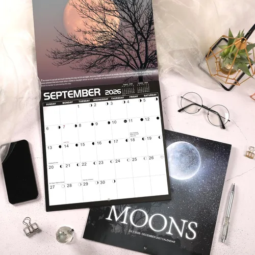 Vista 8 de Calendario de pared 2026, enero 2026 - diciembre 2026, 12 x 24 pulgadas (abierto), calendario 2026 con fases lunares, agujeros para colgar, bloques