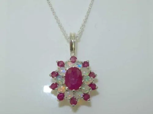 Vista 4 de Ladies Solid 925 Sterling Silver Ornate Large Natural Ruby & Opal Large Cluster Pendant Necklace