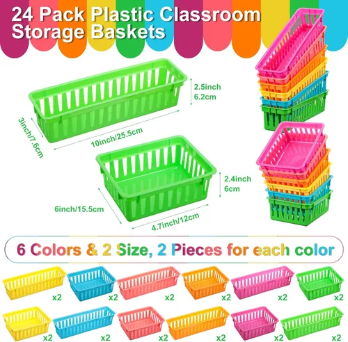 Vista 2 de 24 cestas pequeñas de plástico coloridas para el aula, 12 unidades de 10 x 3 x 2.5 pulgadas, bandeja pequeña para lápices, 12 bandejas organizadoras