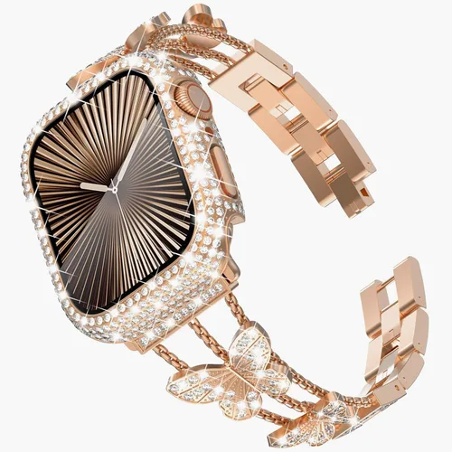 Vista 16 de Correa Bling y Funda WINGLE para Apple Watch para Mujeres 40mm SE 3/2/1 Series 6 5 4, Correa de Brazalete de Metal con Diamantes de Imitación