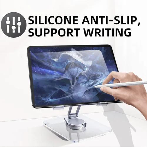 Vista 4 de Soporte acrílico giratorio de 360° para tableta, soporte de escritorio ajustable plegable transparente compatible con iPad Pro, Air, Mini, Kindle
