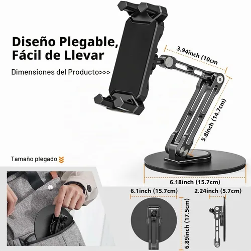 Vista 6 de Soporte para iPad, soporte de escritorio para tableta, oficina, cocina, dormitorio, base giratoria de 360°, ajustable, plegable, soporte