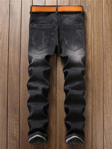 Vista 2 de Cremalleras para hombre con letras bordadas negro elástico Denim Jeans Agujeros de moda rasgados desgastados Pantalones delgados Pantalones