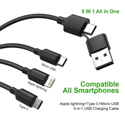 Vista 2 de Cable de carga rápida USB universal 5 en 1, 5.9 ft/6 pies USB A/tipo C a rayo + tipo C+Micro USB trenzado de nailon trenzado adaptador de cable