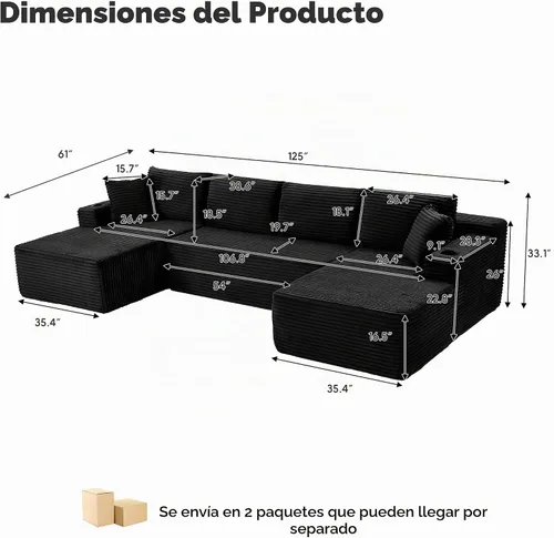 Vista 2 de Sofá grande sin hueso de 125 pulgadas con diván, moderno sofá modular con asiento profundo, sofá tapizado de pana en forma de U para sala de estar