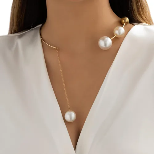 Vista 2 de Gargantilla de metal con perlas abiertas, collar ajustable con colgante de perlas elegante, collar de cadena para mujer