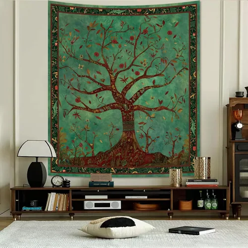 Vista 7 de Apdidl Tapiz Verde del Árbol de la Vida para Dormitorio, Colgante de Pared de Árbol Natural Estético, Tapices Bohemios Hippie Arte de Pared, Manta