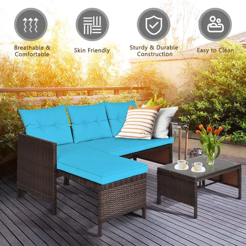 Vista 4 de RELAX4LIFE Juego de muebles de patio de 3 piezas, juego de sofá seccional de mimbre para exteriores con cojín lavable, mesa de centro de vidrio